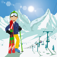 Young man with skis and poles standing in front of mountains with ski chair lift and bright sun in ski resort
