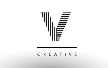 V Black and White Lines Letter Logo Design.
