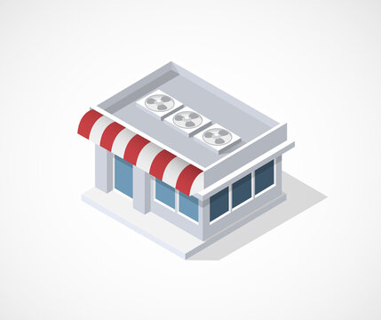 Isometric 3D icon shop market city infrastructure, urban buildings and construction