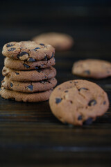 Chocolate chip cookies on dark background