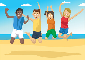 Group of friends together jumping on the beach enjoying summer vacation