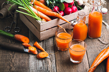 Fresh carrot juice in bottles