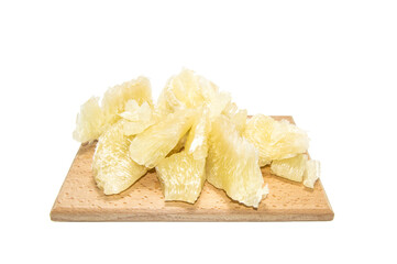 peeled pomelo fruit on white background