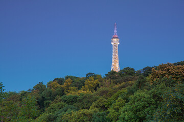 Obraz premium Prague Lookout Tower after Dark. Built on Petrin hill, sometimes also called small Eiffel Tower.
