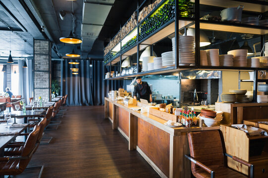 Modern Loft Style Restaurant Decoration With Hanging Light Bulb Beer Pub And Bar.