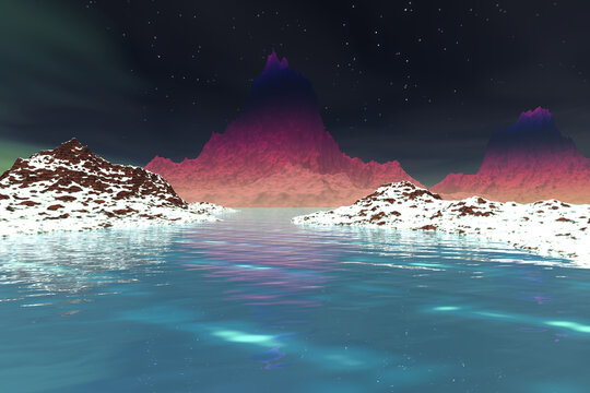 Mountains, a natural landscape, 3D rendering, blue waters and stars in the sky.