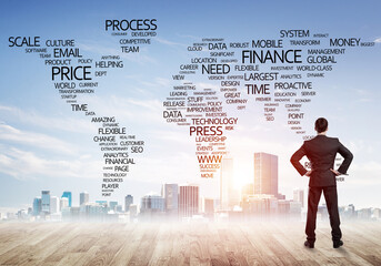 Motivation and inspiration concept with modern cityscape and businessman observing it