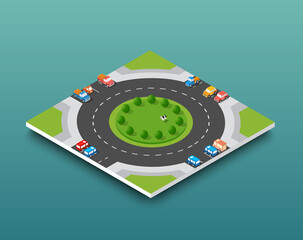 City isometric freeway traffic on the street road. Urban car transport vehicle and speed drive on the perspective scene