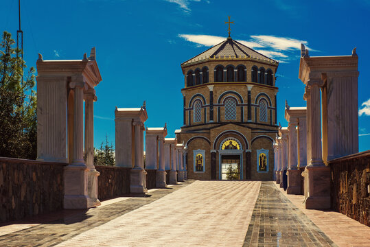 Famous orthodox monastery of Kykkos, Holy monastery of the Virgin of Kykkos in Cyprus. Way to the church near king Macarius grave. Travel sightseeing image