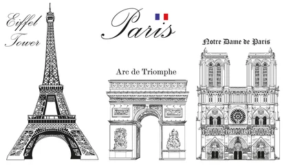Foto op Canvas Vector Eiffel Tower, Triumphal Arch and Notre Dame Cathedral © alinart