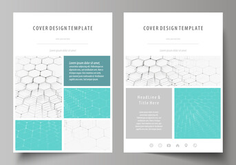 Business templates for brochure, flyer, booklet, report. Cover design template, abstract vector layout in A4 size. Chemistry pattern, hexagonal molecule structure on blue. Medicine, technology concept