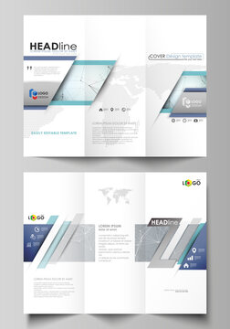 Tri-fold brochure business templates on both sides. Abstract vector layout in flat design. Chemistry pattern, connecting lines and dots, molecule structure, scientific medical DNA research.