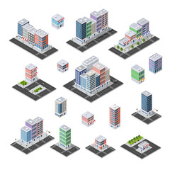 City set of isometric of urban infrastructure business. Vector building illustration of skyscraper and collection of urban elements architecture, home, construction, block and park