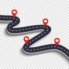 Winding road isolated on a white background. Road way location infographic template with pin pointer. Vector image