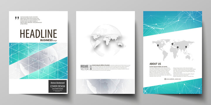 The vector illustration of editable layout of three A4 format modern covers design templates for brochure, magazine, flyer, booklet. Chemistry pattern. Molecule structure. Medical, science background.