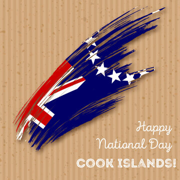 Cook Islands Independence Day Patriotic Design. Expressive Brush Stroke in National Flag Colors on kraft paper background. Happy Independence Day Cook Islands Vector Greeting Card.