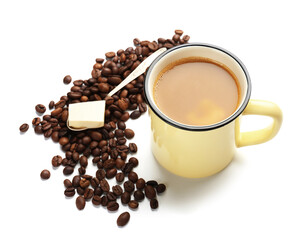 Composition with tasty butter coffee on white background