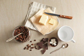 Composition with ingredients for butter coffee on light background