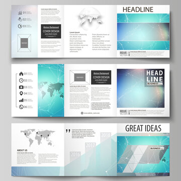 The minimalistic vector illustration of the editable layout. Three creative covers design templates for square brochure or flyer. Molecule structure, connecting lines and dots. Technology concept.