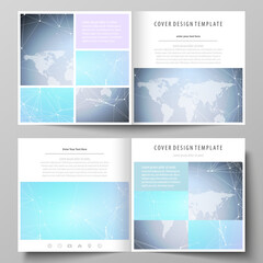 The minimalistic vector illustration of the editable layout of two covers templates for square design brochure, flyer, booklet. Polygonal texture. Global connections, futuristic geometric concept.