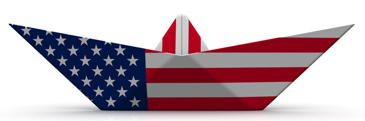 Paper boat from an USA flag on white surface. Isolated. 3D Illustration