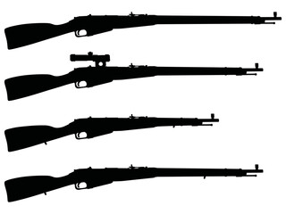 Four black silhouettes of old military rifles