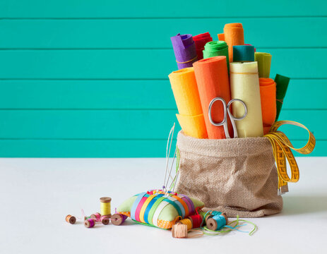 Felt Craft Color. Rolls Of Felt Lay On A White Background. Jute Rope.