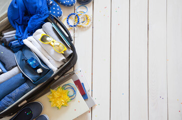 Overhead view of Traveler's accessories, Essential vacation items, Travel concept background