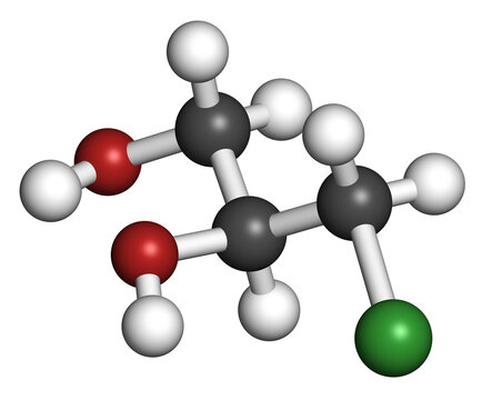 3-MCPD carcinogenic food by-product molecule. Produced when hydrochloric acid is added to food to speed up protein hydrolysis. 3D rendering. 