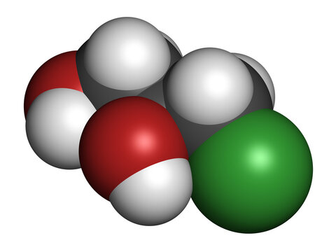 3-MCPD carcinogenic food by-product molecule. Produced when hydrochloric acid is added to food to speed up protein hydrolysis. 3D rendering.