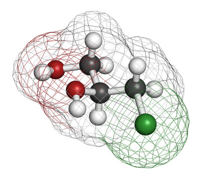 3-MCPD carcinogenic food by-product molecule. Produced when hydrochloric acid is added to food to speed up protein hydrolysis. 3D rendering. 