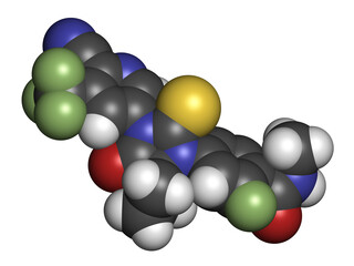 Apalutamide prostate cancer drug molecule. 3D rendering. Atoms are represented as spheres with conventional color coding.