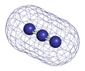 Azide anion, chemical structure. Azide salts are used in detonators and as propellants. 3D rendering. Atoms are represented as spheres with conventional color coding: nitrogen (blue).