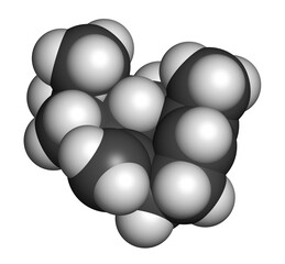 Caryophyllene molecule. Constituent of multiple herbal essential oils, including clove oil. 3D rendering. Atoms are represented as spheres with conventional color coding.