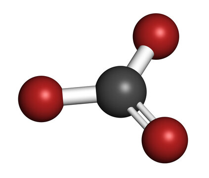 Carbonate anion, chemical structure. 3D rendering. Atoms are represented as spheres with conventional color coding: carbon (grey), oxygen (red).