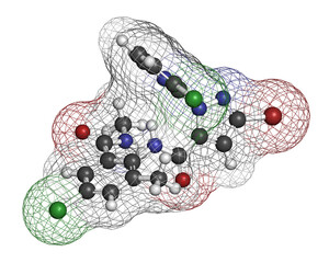 Chlorantraniliprole insecticide molecule (ryanoid class). 3D rendering. Atoms are represented as spheres with conventional color coding.
