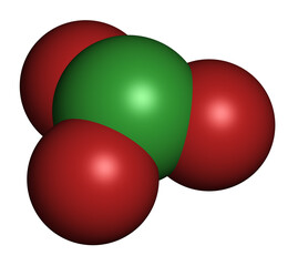 Chlorate anion, chemical structure. 3D rendering. Atoms are represented as spheres with conventional color coding: chlorine (green), oxygen (red).