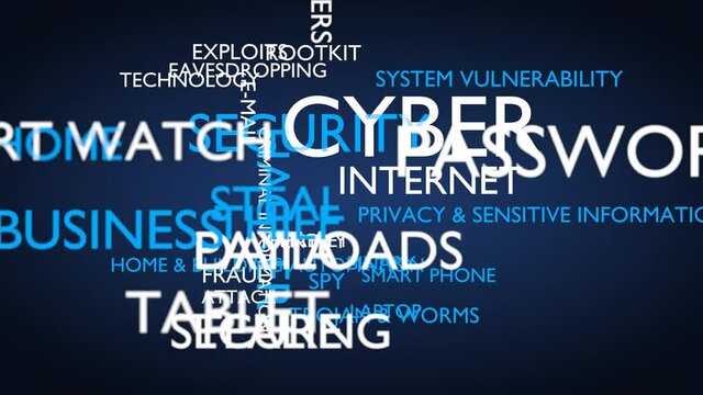 Cyber security world tag cloud. Blue, English variant, 3D rendering, UHD.