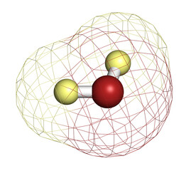 Deuterium oxide (heavy water) molecule. 3D rendering. Atoms are represented as spheres with conventional color coding: deuterium (light yellow), oxygen (red).