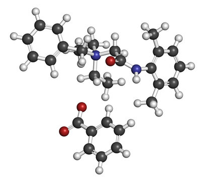 Denatonium benzoate bittering agent. 3D rendering. Atoms are represented as spheres with conventional color coding: hydrogen (white), carbon (grey), oxygen (red), nitrogen (blue).