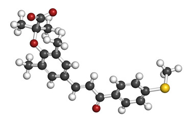 Elafibranor drug molecule. 3D rendering. Atoms are represented as spheres with conventional color coding: hydrogen (white), carbon (grey), nitrogen (blue), oxygen (red), sulfur (yellow).