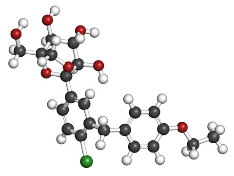 Ertugliflozin diabetes drug molecule. 3D rendering. Atoms are represented as spheres with conventional color coding: hydrogen (white), carbon (grey), nitrogen (blue), oxygen (red), chlorine (green).