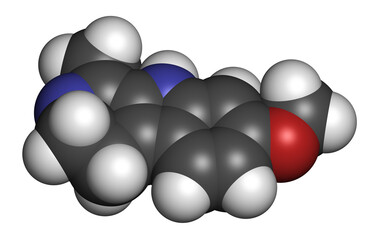 Harmaline indole alkaloid molecule. Found in Syrian rue (Peganum harmala). 3D rendering. Atoms are represented as spheres with conventional color coding.