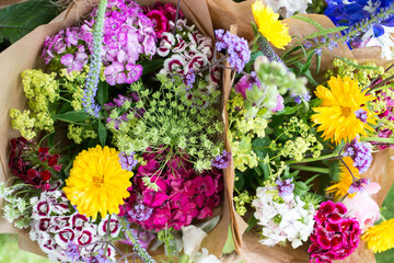 Overhead of Bouquets of Flowers in Wrapping Paper