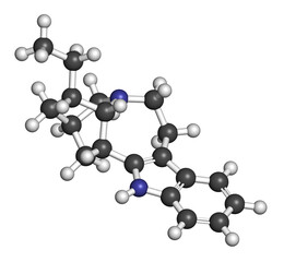 Obraz premium Ibogamine alkaloid molecule, found in Tabernanthe iboga. 3D rendering. Atoms are represented as spheres with conventional color coding: hydrogen (white), carbon (grey), oxygen (red), nitrogen (blue).
