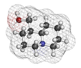 lupinine lupin alkaloid molecule. 3D rendering. Atoms are represented as spheres with conventional color coding: hydrogen (white), carbon (grey), oxygen (red), nitrogen (blue).