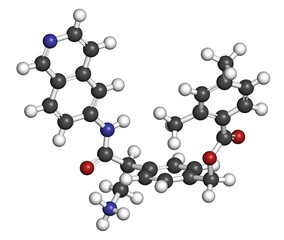 Netarsudil drug molecule. Used in treatment of ocular hypertension and glaucoma. 3D rendering. Atoms are represented as spheres with conventional color coding.
