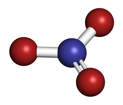 Nitrate anion, chemical structure. 3D rendering. Atoms are represented as spheres with conventional color coding: nitrogen (blue), oxygen (red).