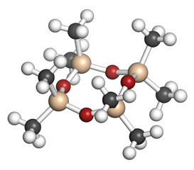 Obraz premium Octamethylcyclotetrasiloxane (D4 silicone) molecule. 3D rendering. Atoms are represented as spheres with conventional color coding: hydrogen (white), carbon (grey), oxygen (red), silicon (beige).
