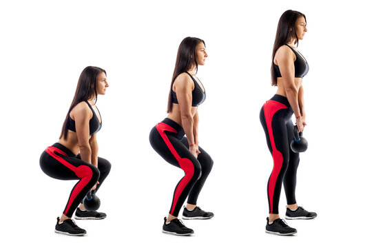 Exercise of deadlift with weight performed by a sports woman in three positions on a white isolated background. Side view